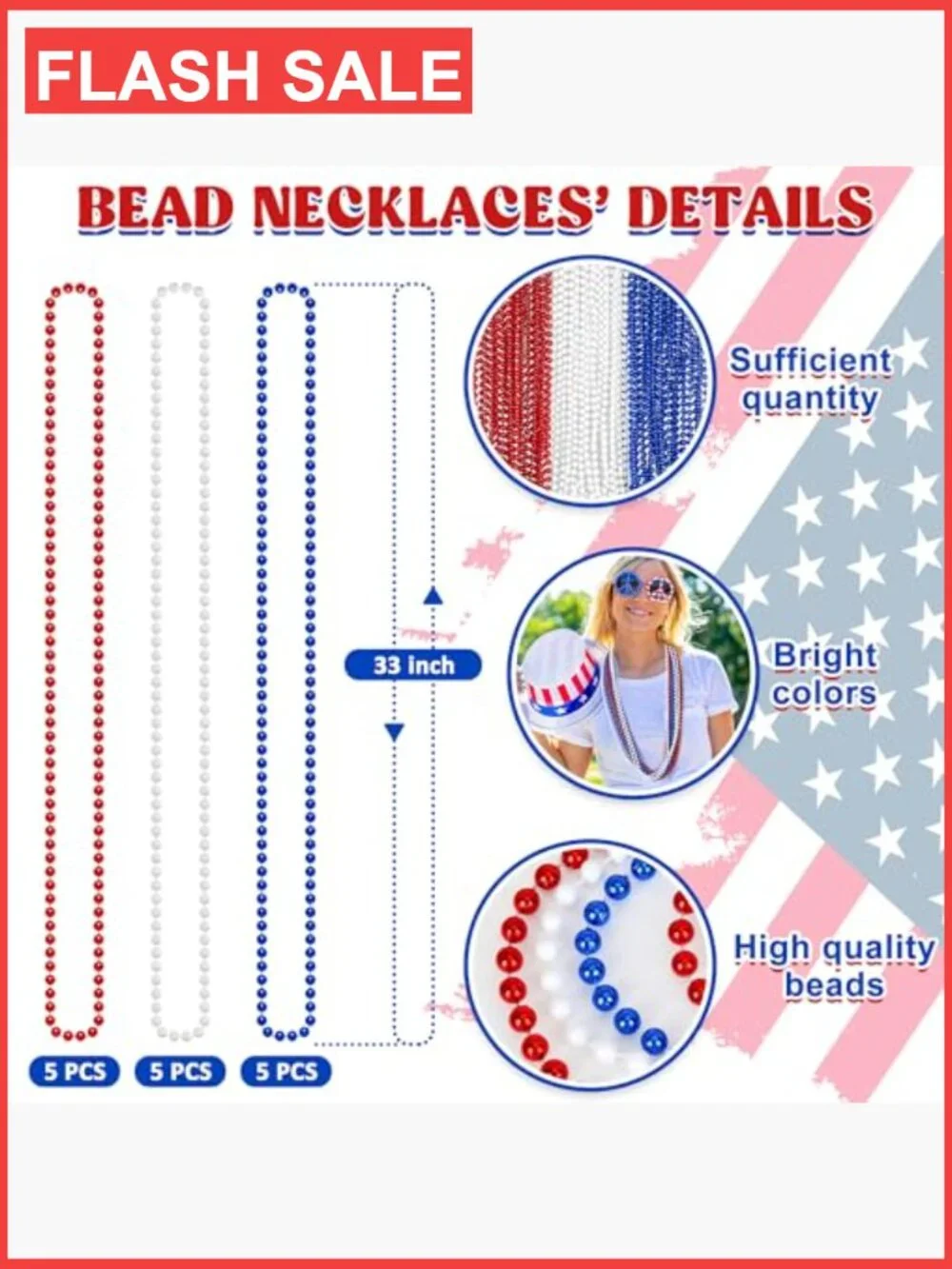15pcs Patriotic Bead Necklaces for Parades & Parties